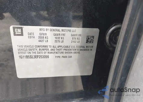 2014 Chevrolet Malibu 1Ls from USA, damaged, VIN 1G11B5SL3EF253099